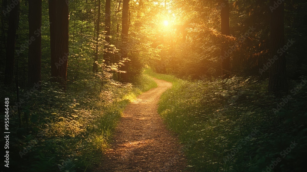 Obraz premium A deserted hiking trail through a dense, green forest, bathed in the warm light of the setting sun, symbolizing exploration