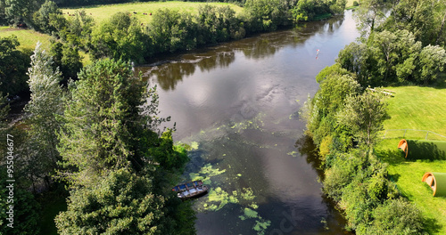 Aerial view of Blue green algae at the Canoe trail at Movanagher Lock Kilrea on The River Bann from Lough Neagh Northern Ireland photo