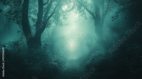 A path through a misty forest with tall trees on either side, leading towards a bright light in the distance.