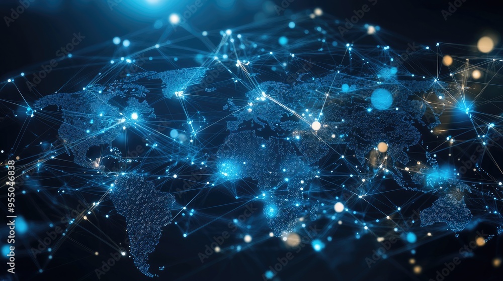 A digital map with global connections and data points, symbolizing the concept of globalization and information flow. A digital map with global connections and data points, symbolizing the concept of globalization and information flow.