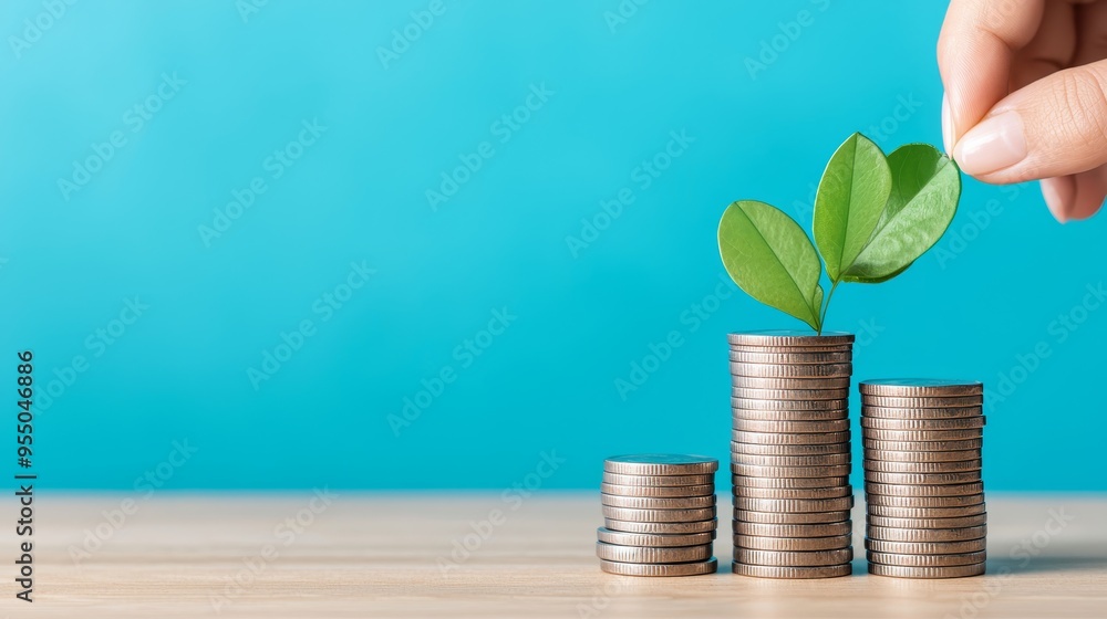 financial growth and prosperity concept with coins and green plant on a blue background. financial growth and prosperity concept with coins and green plant on a blue background.