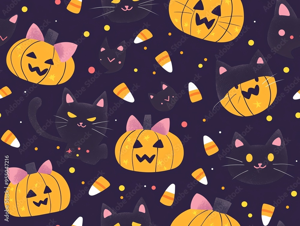 Cute Halloween seamless pattern with pumpkins and black cats Cute Halloween seamless pattern with pumpkins and black cats