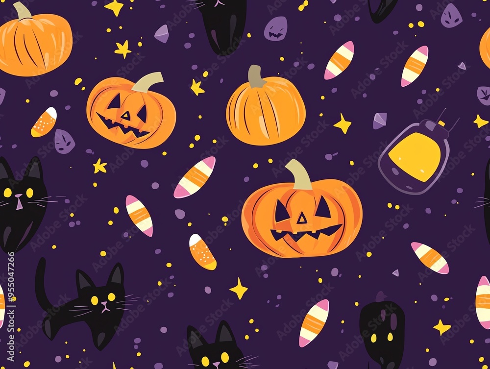 Cute Halloween seamless pattern with pumpkins, black cats, candy corn and stars on a purple background. Cute Halloween seamless pattern with pumpkins, black cats, candy corn and stars on a purple background.