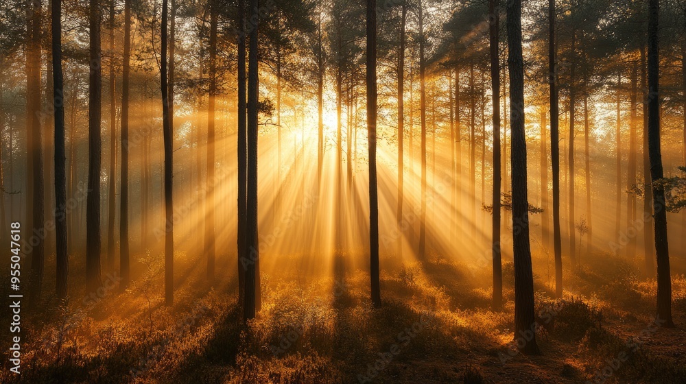 A foggy morning in a pine forest with sun rays piercing through the mist, illustrating the beauty of nature at dawn. A foggy morning in a pine forest with sun rays piercing through the mist, illustrating the beauty of nature at dawn.