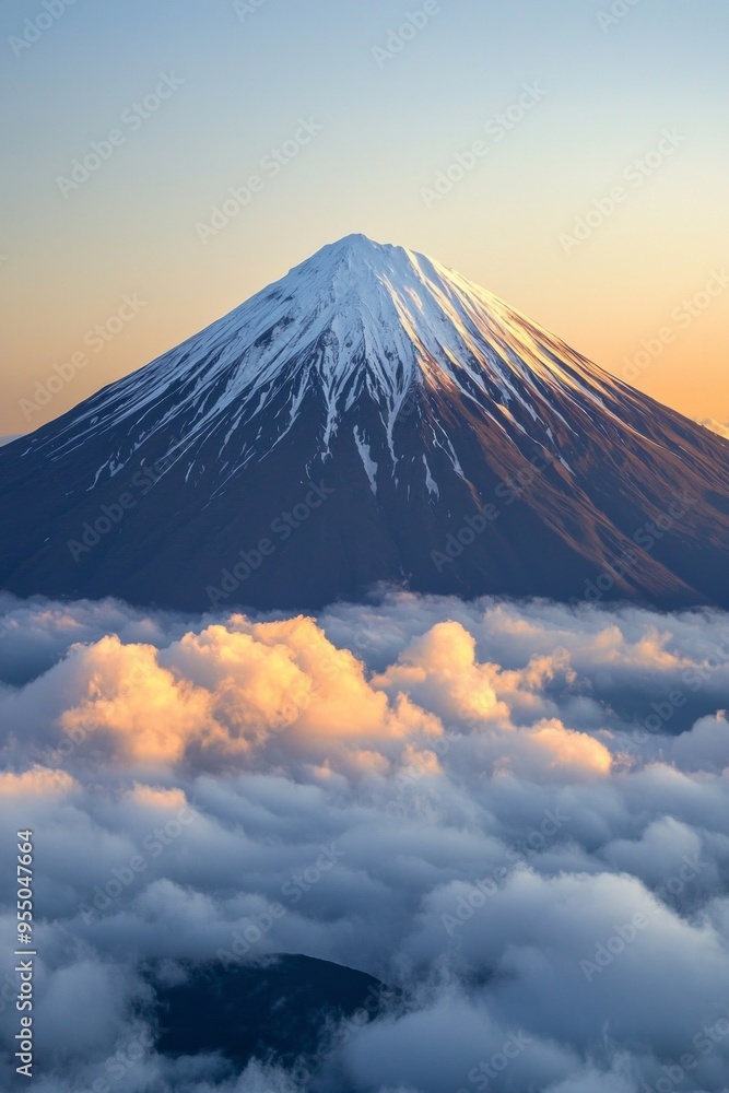 A distant snow-capped volcano rising above the clouds A distant snow-capped volcano rising above the clouds