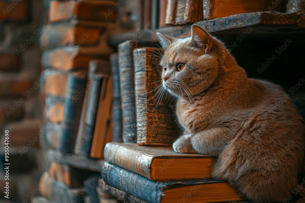 A Curious Cat Perched on a Stack of Vintage Books A Curious Cat Perched on a Stack of Vintage Books