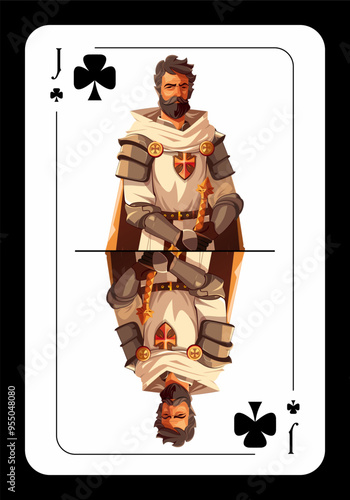 Jack of clubs, original design of playing card on black background. Vector illustration