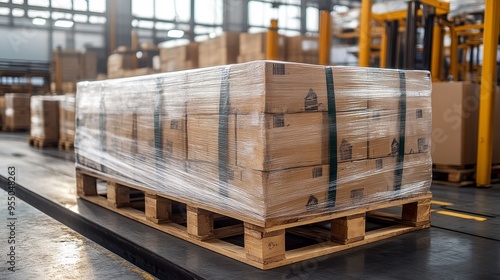 A pallet covered in stretch film, prepared for shipping in a high-tech warehouse, showcasing the contrast between the smooth plastic and rough wood texture photo