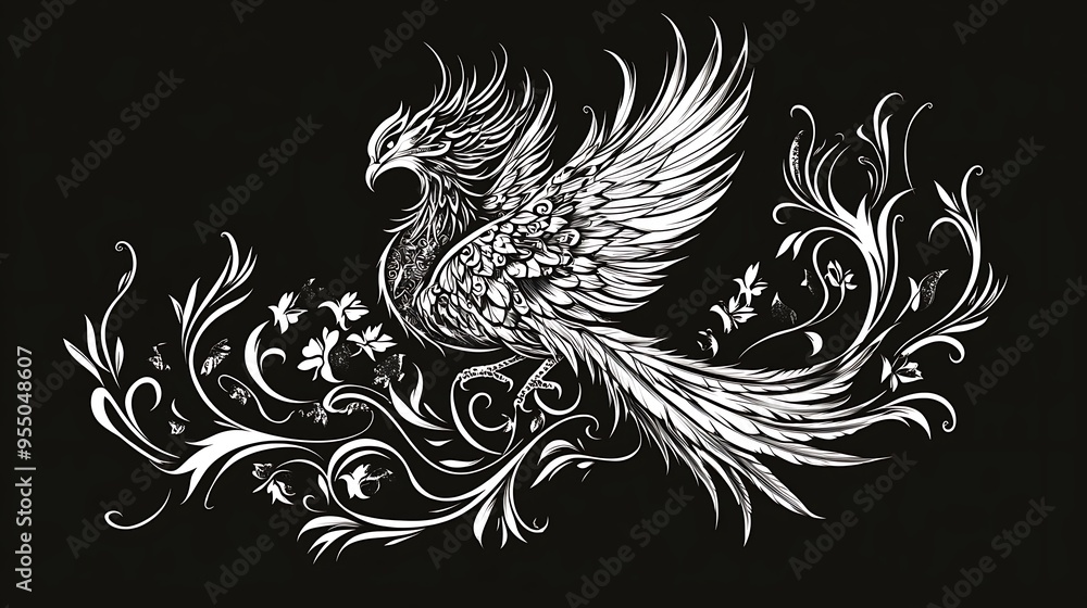 Fototapeta premium Mythical Thai Bird Ornament Vector Illustration with Flowing Feathers in Tattoo Art Style on Solid Background.