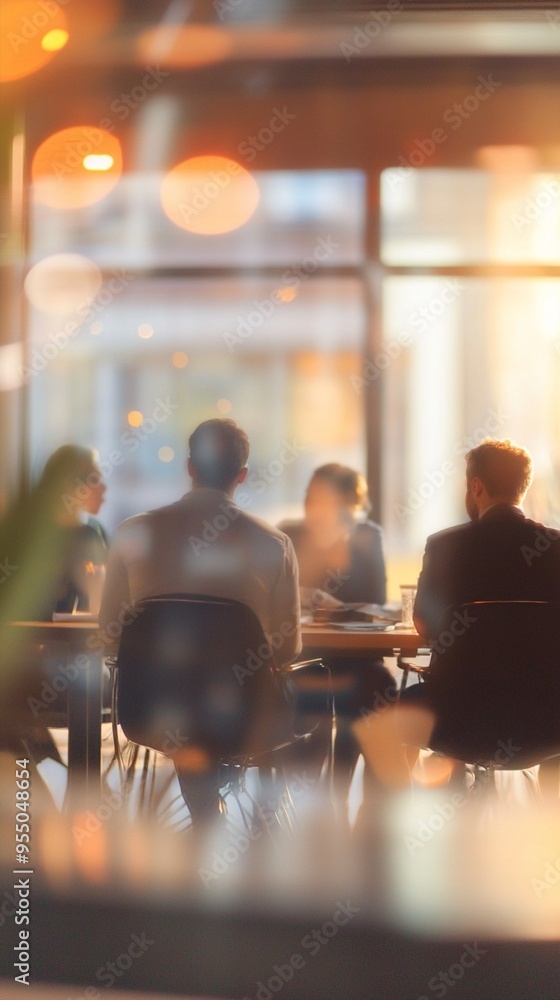 Blurred silhouettes of people sitting at tables in a warm, cozy cafe atmosphere. Soft golden light filters through windows, creating a dreamy, intimate ambiance for conversations and relaxation. Blurred silhouettes of people sitting at tables in a warm, cozy cafe atmosphere. Soft golden light filters through windows, creating a dreamy, intimate ambiance for conversations and relaxation.