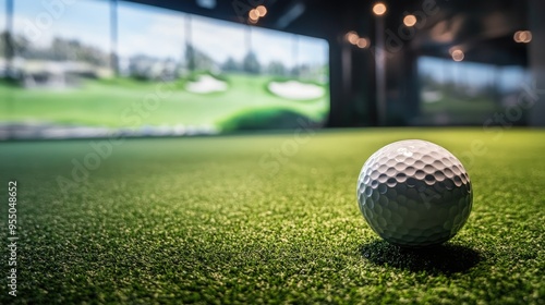 A golf ball resting on artificial turf inside an indoor golf simulator, showcasing high-tech sports practice. -