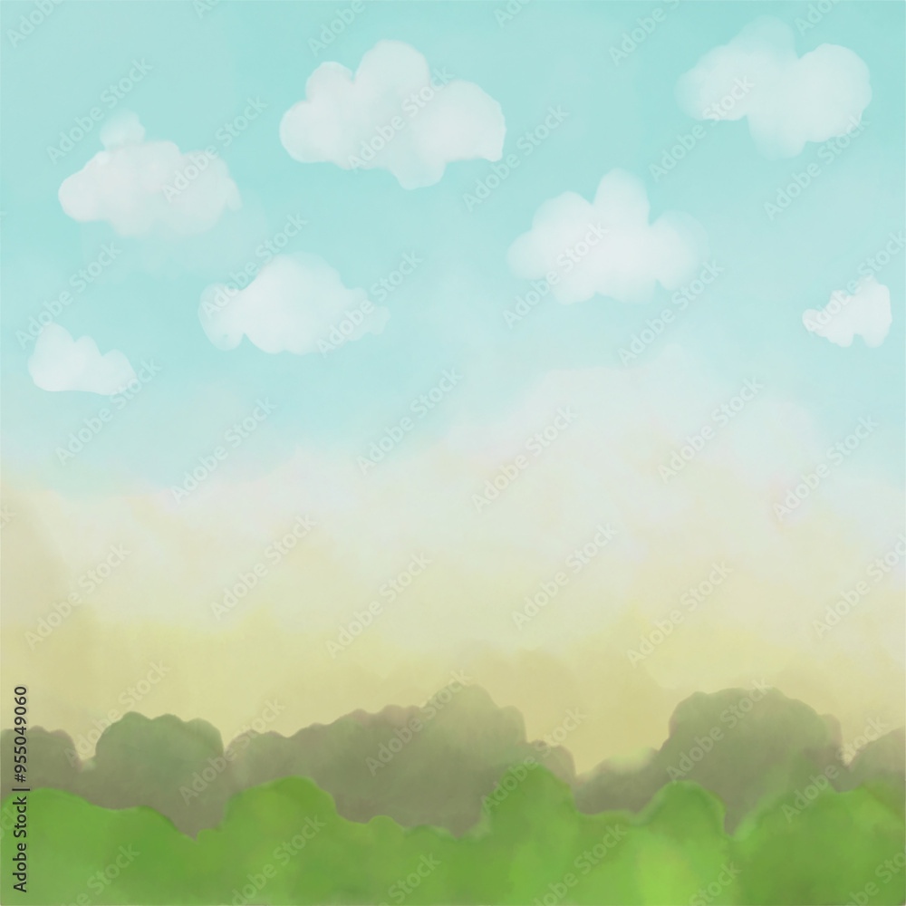 garden and cloud on blue sky watercolor digital paint garden and cloud on blue sky watercolor digital paint