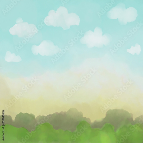 garden and cloud on blue sky watercolor digital paint