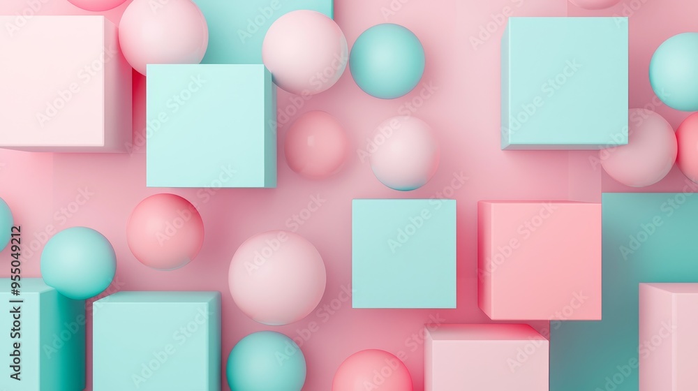 Surreal Floating Cubes and Spheres in Pastel Colors - Dreamy Product Display with Copy Space for Text Surreal Floating Cubes and Spheres in Pastel Colors - Dreamy Product Display with Copy Space for Text