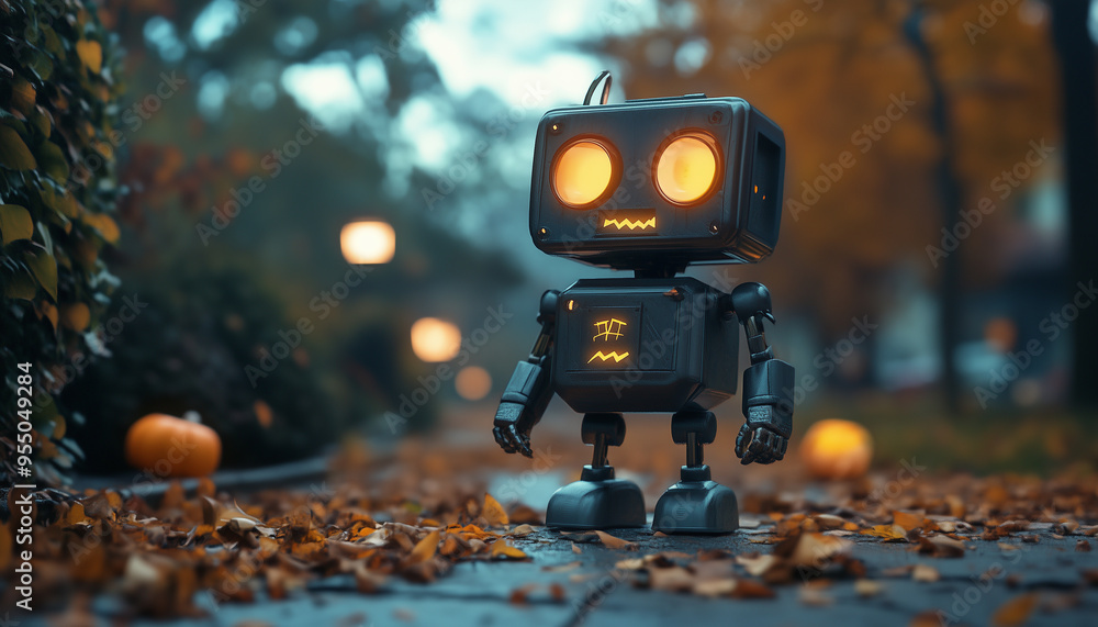 A spooky, moonlit Halloween night scene featuring a large, glowing robot on a cobblestone street lined with eerie, old houses. Generative AI. A spooky, moonlit Halloween night scene featuring a large, glowing robot on a cobblestone street lined with eerie, old houses. Generative AI.
