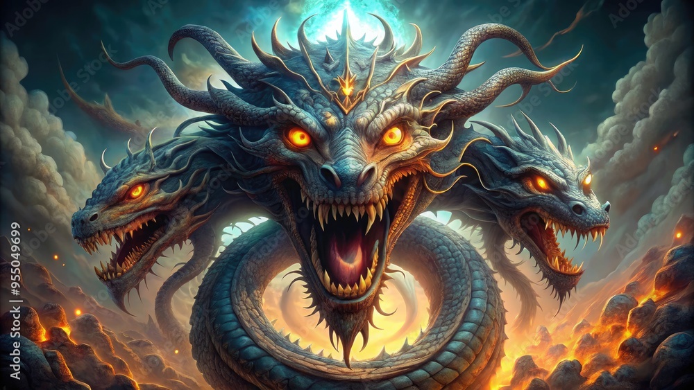 A fantastical, three-headed serpent-like creature emerges from a mystical vortex, its glowing eyes and snarling faces exuding ancient power and malevolent intent. A fantastical, three-headed serpent-like creature emerges from a mystical vortex, its glowing eyes and snarling faces exuding ancient power and malevolent intent.