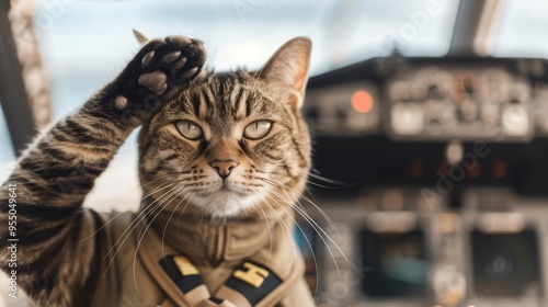 Cute tabby cat in cockpit saluting confidently, dressed as a pilot, exuding bravery and charm. Perfect for aviation and pet-themed projects.