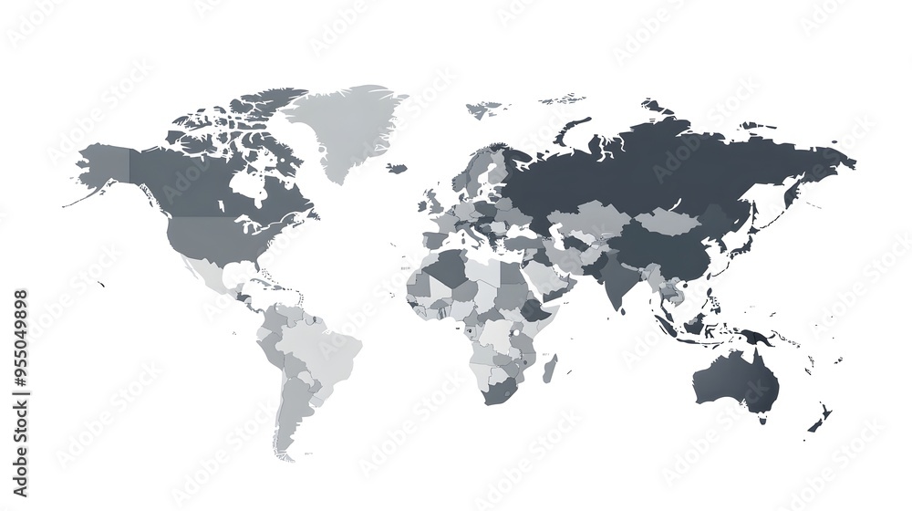 Detailed Gray-Scale World Map with Defined Continent Shapes and Borders Detailed Gray-Scale World Map with Defined Continent Shapes and Borders