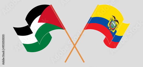 Crossed and waving flags of Palestine and Republic of Ecuador