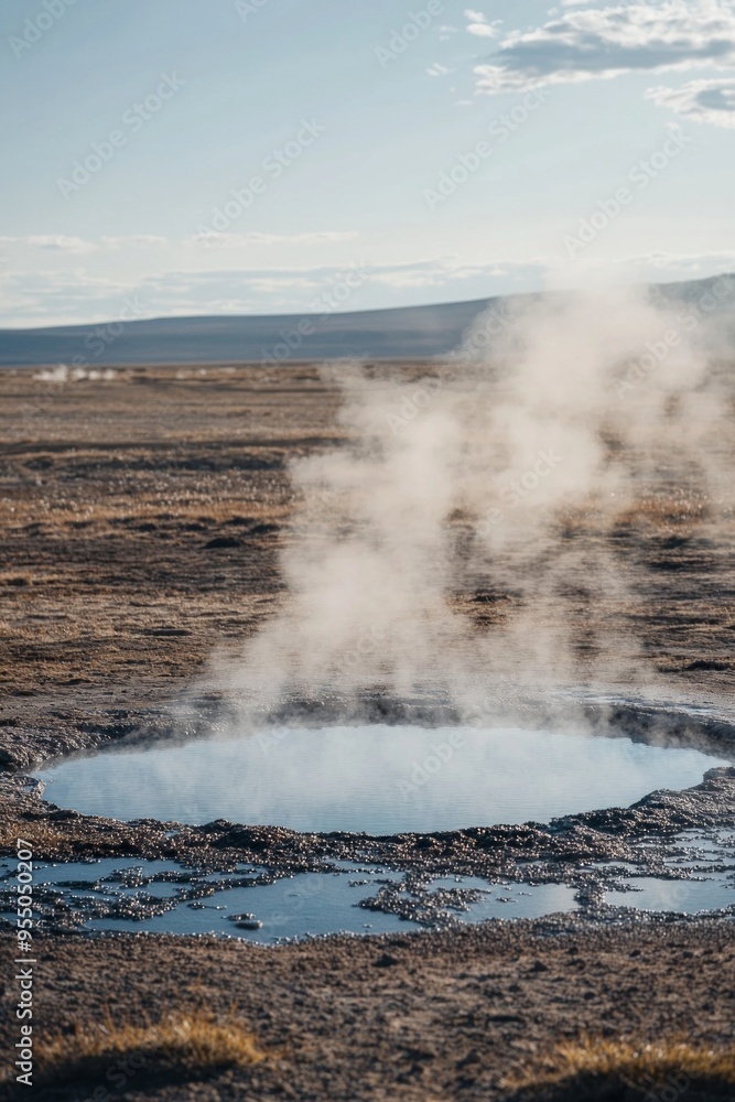 A faraway hot spring in the middle of a barren landscape, its steam rising sharply into the air A faraway hot spring in the middle of a barren landscape, its steam rising sharply into the air