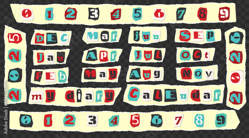 Set of cut newspapers magazines and paper vintage colorful words. Calendar diary theme - Happy New Year, season, 2025, month, number. Trendy elements for collage and clip art. Vector illustrations.
