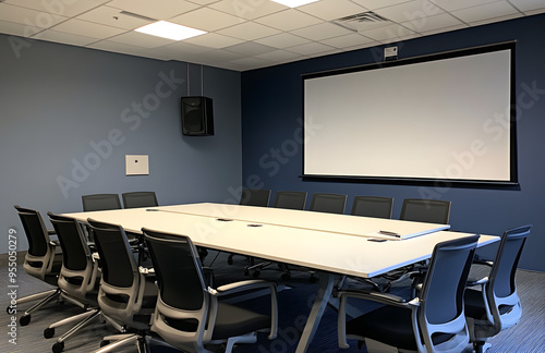 “Photo of an Office Conference Room with a White Table, Comfortable Chairs, and Modern Decor, Emphasizing a Professional and Clean Workspace Ideal for Business Meetings and Corporate Presentations wit