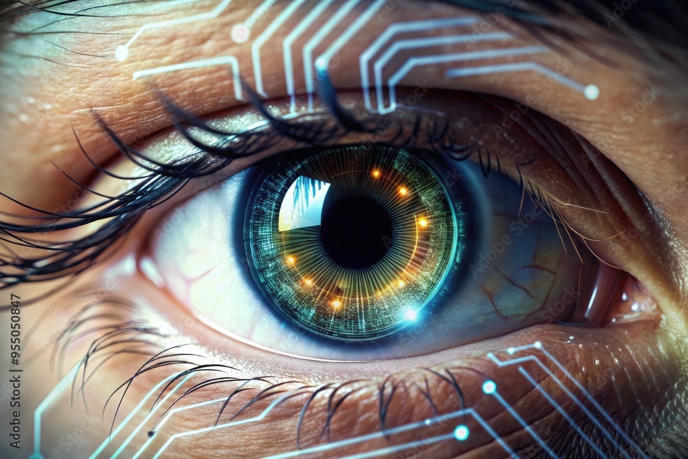 A futuristic close-up of a human eye with glowing digital circuitry and ...