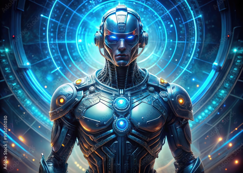 A futuristic, heavily-armored, cybernetic warrior stands at attention, glowing blue circuits and wires visible beneath its synthetic skin, surrounded by a halo of code. A futuristic, heavily-armored, cybernetic warrior stands at attention, glowing blue circuits and wires visible beneath its synthetic skin, surrounded by a halo of code.