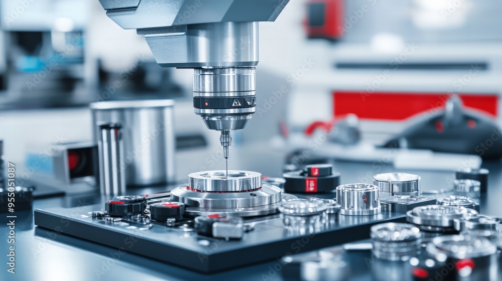 A precision engineering setup with a milling machine and related tools like cutting bits and calipers nearby. A precision engineering setup with a milling machine and related tools like cutting bits and calipers nearby.