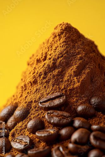 A small mound of coffee grounds arranged artistically to resemble a mountain landscape, isolated on a pastel yellow background,