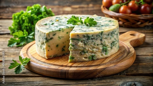 A gourmet wheel of artisanal blue cheese displays a delicate balance of creamy texture and vibrant green mold growth on its crumbly, aged surface.