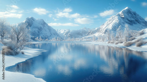 Wallpaper Mural Frozen Lake: A tranquil frozen lake surrounded by snow-covered landscapes, with possibly a hint of wildlife or ice skaters. Torontodigital.ca