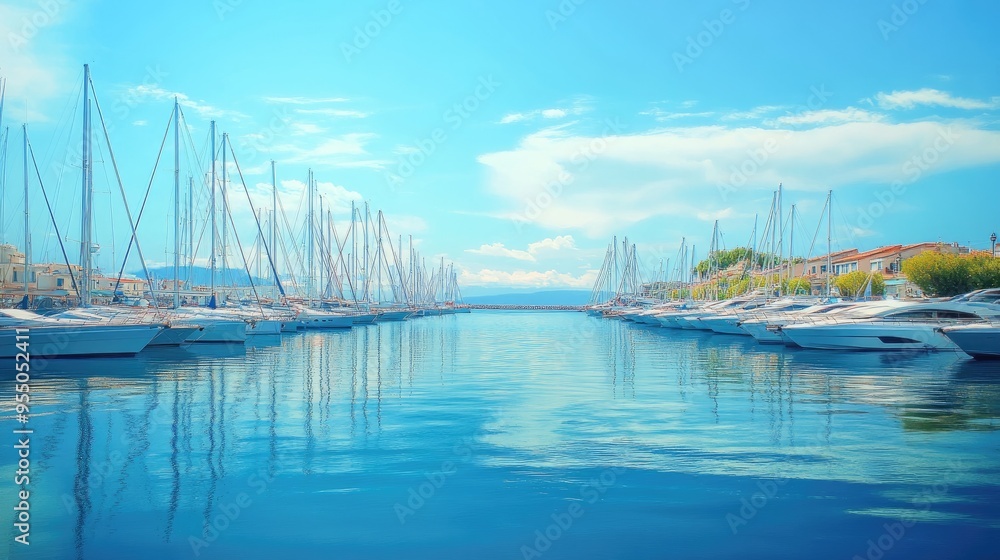 Fototapeta premium A quiet marina with empty boats gently swaying in the water, under a clear, blue sky, capturing peacefulness by the sea.