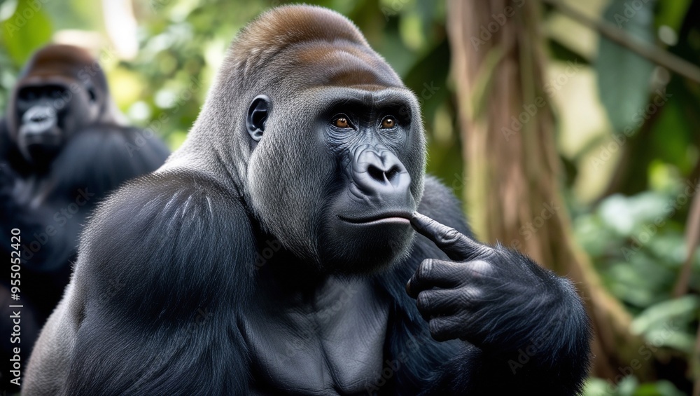 A brooding big black gorilla with a finger near his mouth A brooding big black gorilla with a finger near his mouth