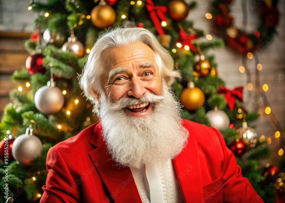 A jovial, bearded man in a red suit with a kind face, white hair, and a twinkle in his eye, surrounded by festive holiday decorations. A jovial, bearded man in a red suit with a kind face, white hair, and a twinkle in his eye, surrounded by festive holiday decorations.