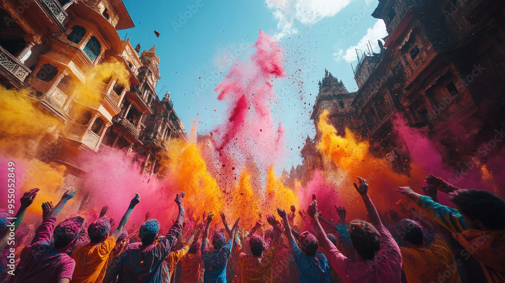 Fototapeta premium Holi Festival: People throwing and playing with colored powders, celebrating the festival of colors.
