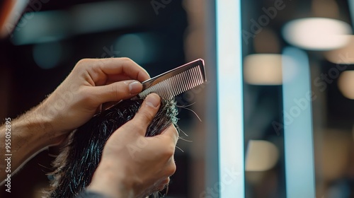 Close-Up of Hands Holding Comb and Scissors in Sleek Salon Setting