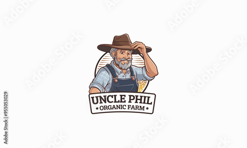 A friendly farmer tipping his hat, representing "Uncle Phil Organic Farm."