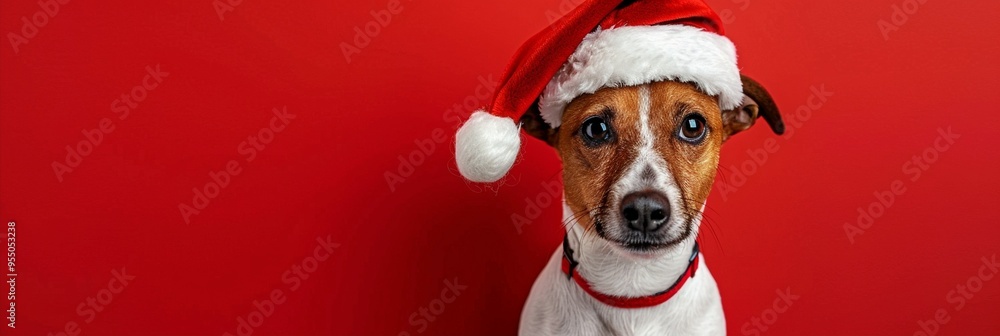 Festive Jack Russell terrier dog wearing Santa hat gazes with adorable expression against vibrant red background, capturing holiday spirit and canine charm. Festive Jack Russell terrier dog wearing Santa hat gazes with adorable expression against vibrant red background, capturing holiday spirit and canine charm.