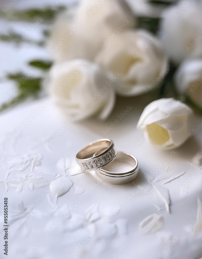 Wedding card in white colors with flowers and wedding ring Wedding card in white colors with flowers and wedding ring