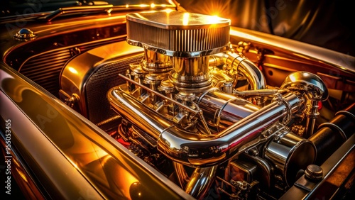 High-performance V8 engine of a classic American muscle car, with polished chrome pipes and cylinder heads, illuminated by warm golden light in a dark background. photo