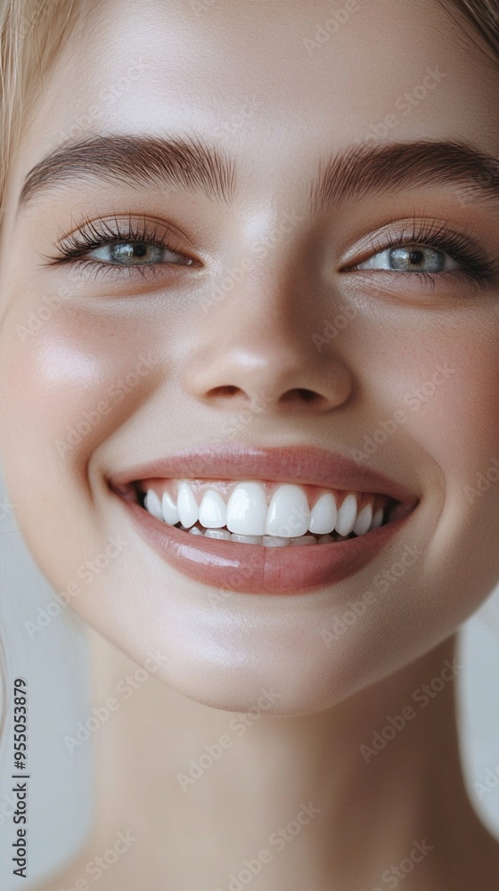 Radiant smile illuminates a close-up portrait, showcasing flawless skin, sparkling eyes, and perfectly aligned white teeth in a joyful expression of happiness. Radiant smile illuminates a close-up portrait, showcasing flawless skin, sparkling eyes, and perfectly aligned white teeth in a joyful expression of happiness.