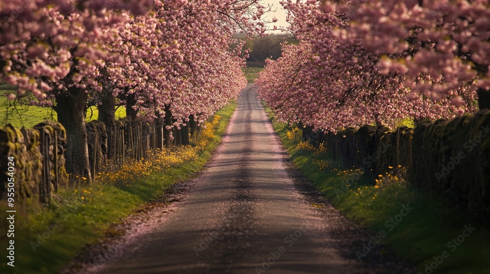 A serene country lane lined with cherry blossom trees in full bloom, capturing the beauty of spring with no people present.