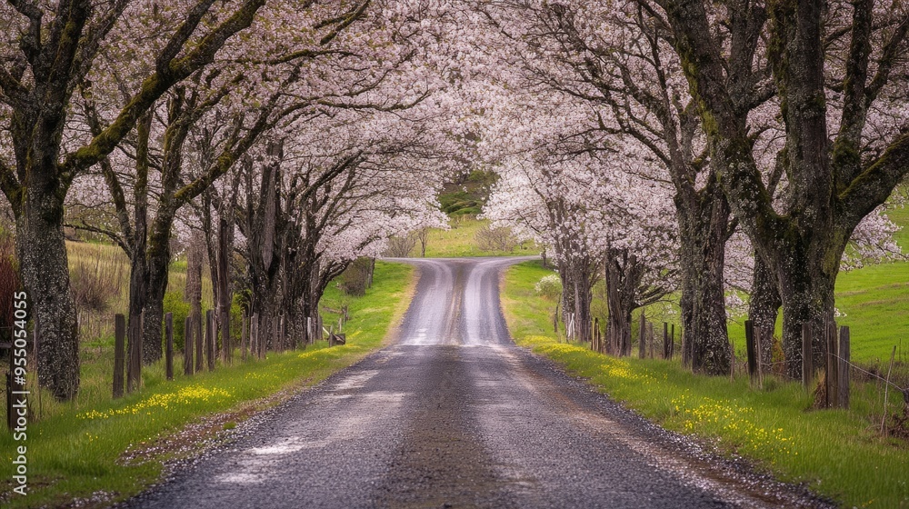 A serene country lane lined with cherry blossom trees in full bloom, capturing the beauty of spring with no people present. A serene country lane lined with cherry blossom trees in full bloom, capturing the beauty of spring with no people present.