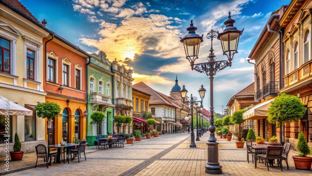 Obraz premium Historic cobblestone Nemanjina Street in Kragujevac, Serbia, lined with historic buildings, cafes, and ornate street lamps, exuding a charming European small-town atmosphere.