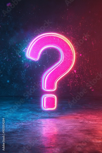 A glowing neon question mark icon on a dark background, with soft blue and pink lights creating a visually striking contrast. -