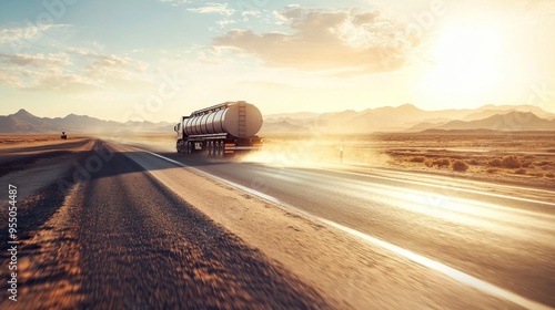 Tanker Truck on a Desert Road at Sunset