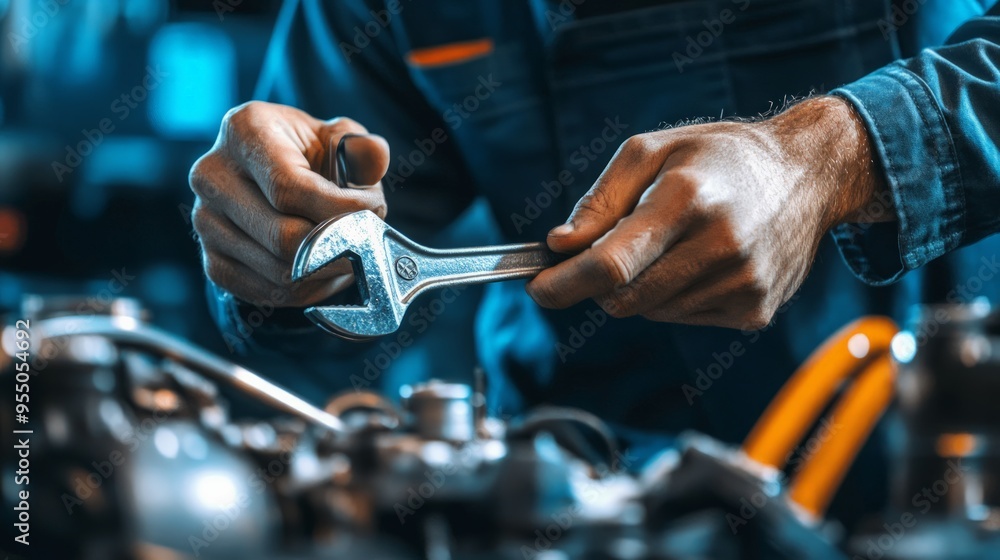 Mechanical engineer's hand holding a wrench while working on a machine, demonstrating practical engineering work.