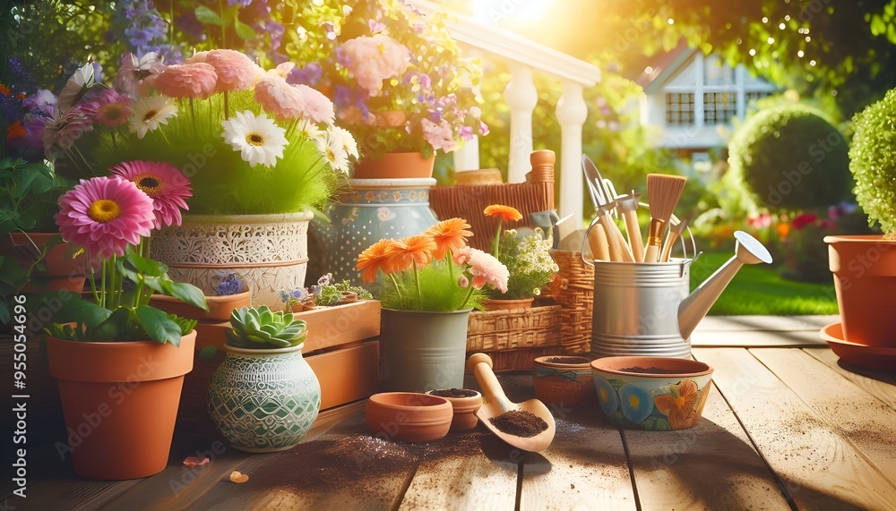 Gardening Tools and Flowerpots in Sunny Garden Path with Blooming Flowers, Ideal for Outdoor and Nature Themed Projects Gardening Tools and Flowerpots in Sunny Garden Path with Blooming Flowers, Ideal for Outdoor and Nature Themed Projects