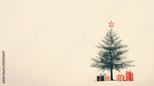 Sleek design featuring a single beautifully decorated Christmas tree with a star on top and presents underneath, set against a soft  background, creating an elegant and festive holiday atmosphere